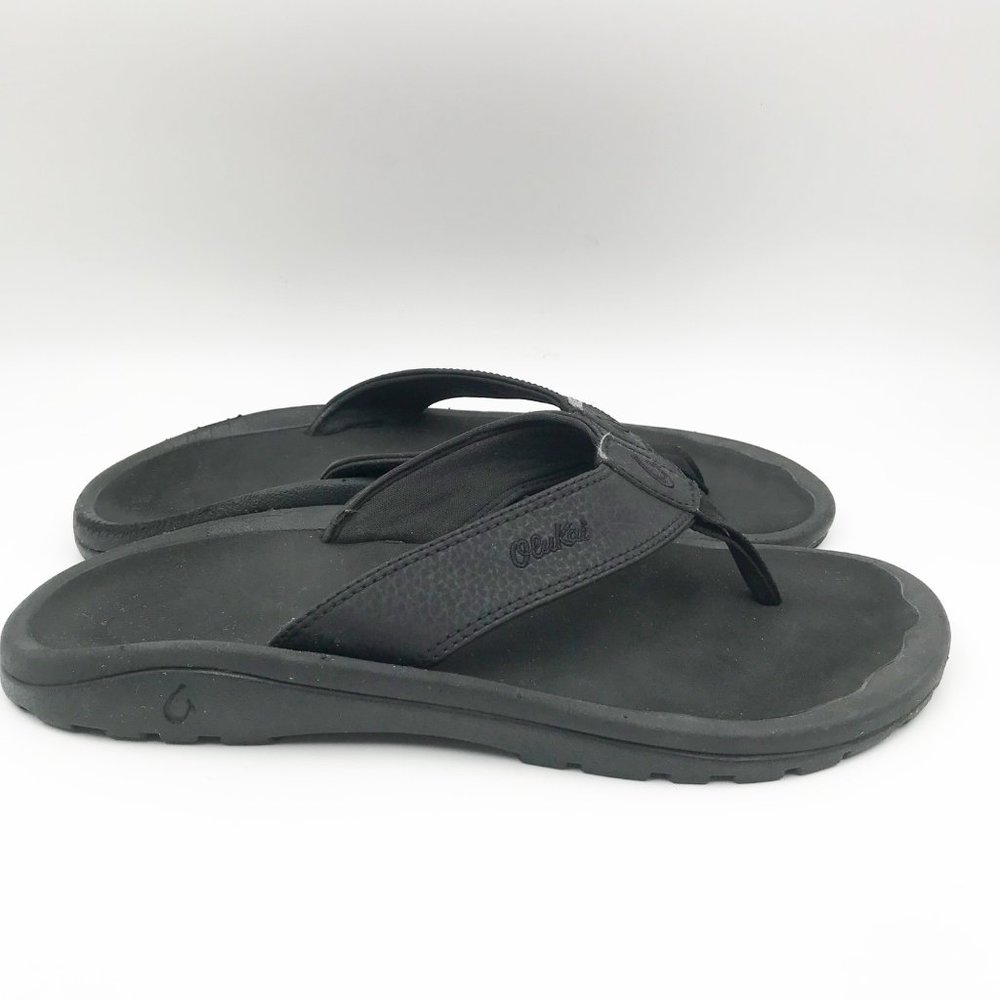 OLUKAI Black Leather Flip Flop Thong Sandals Mens 8 Womens 11 Beach Vacation - Picture 4 of 10